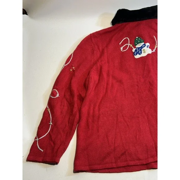 AMBRA HO HO HO SNOWMAN CARDIGAN 2XL CHRISTMAS SWEATER PARTY RED VINTAGE FUR - Picture 8 of 16